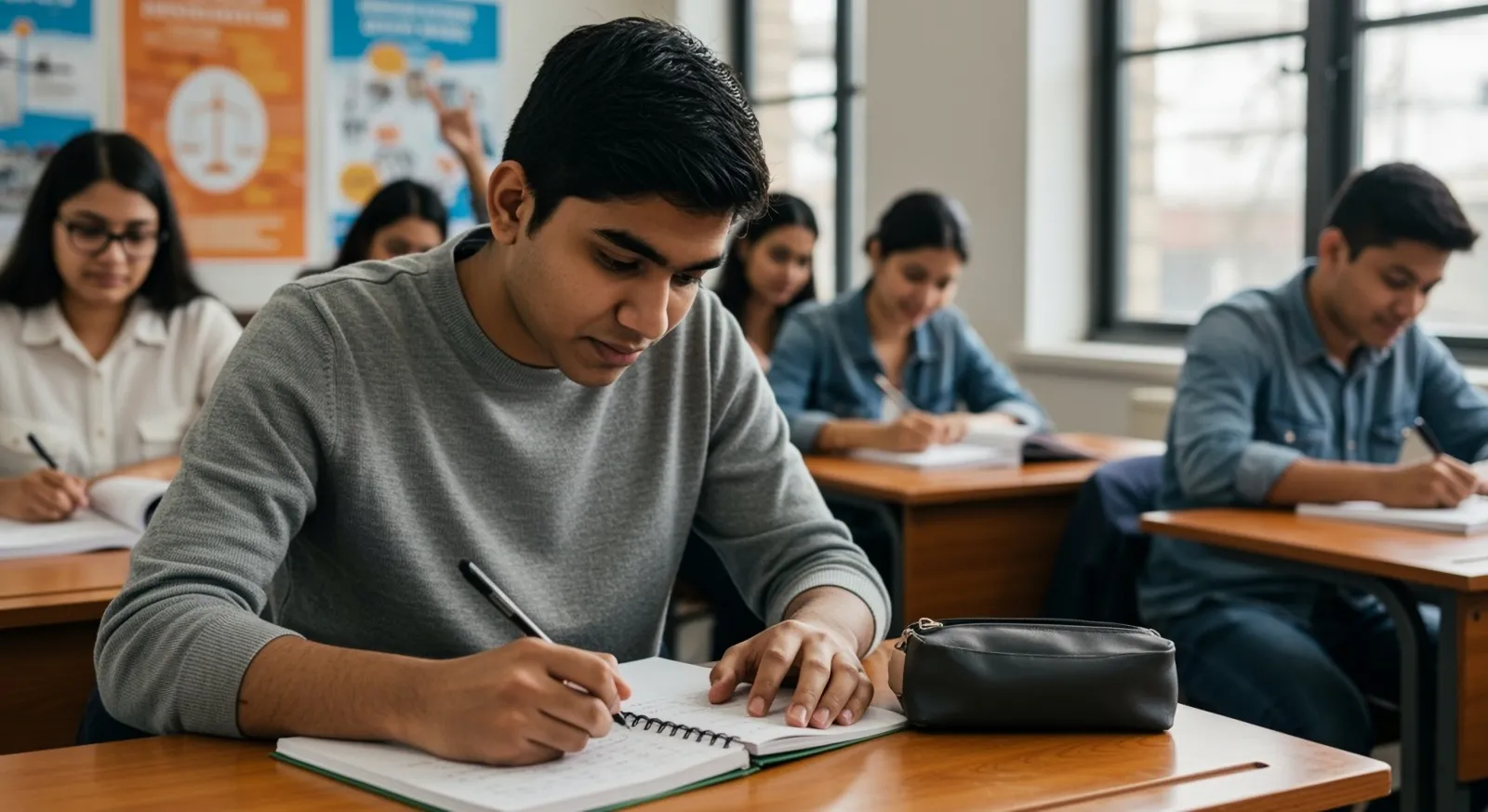 Student writing notes in an Enhance English PTE class