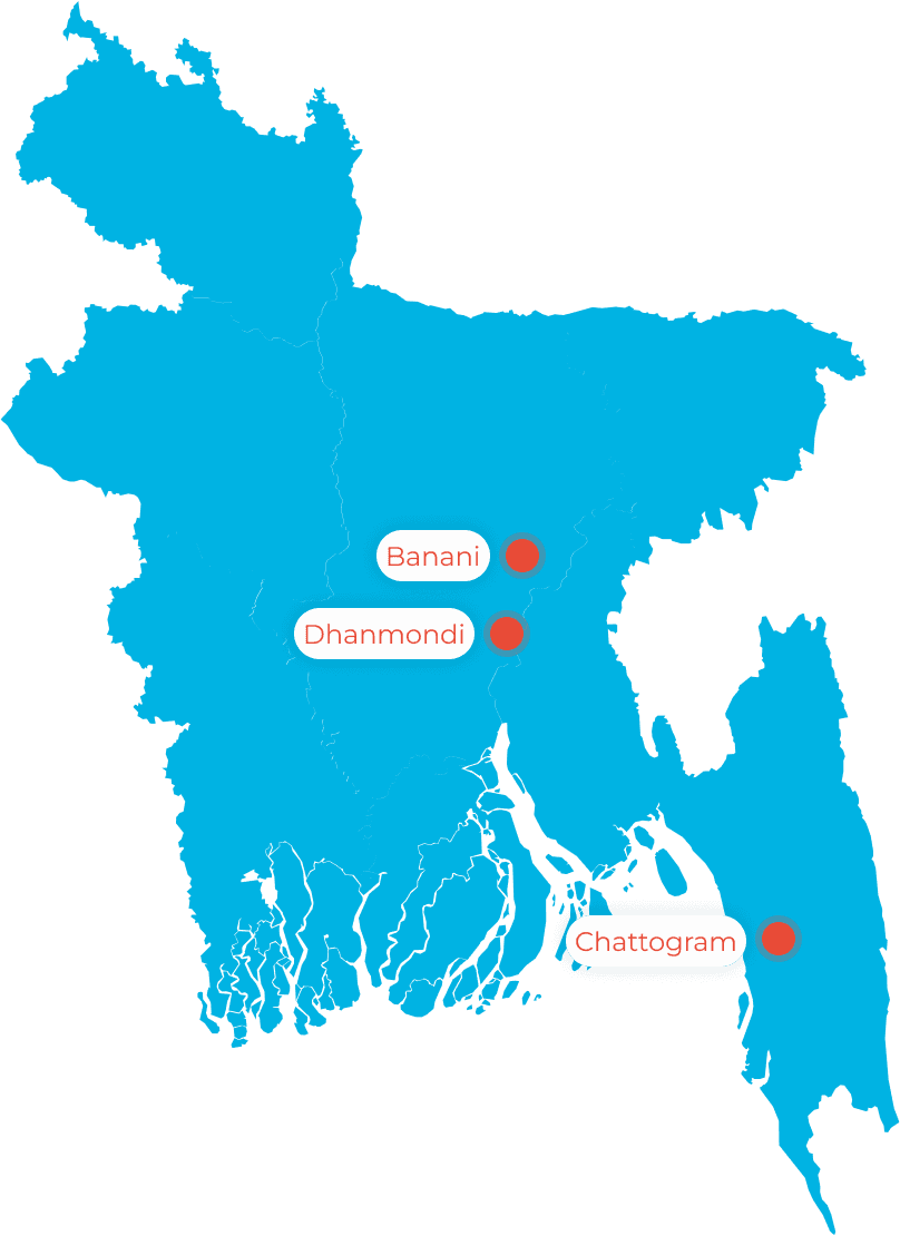 Map of Bangladesh showing Enhance English centres in Banani, Dhanmondi and Chattogram